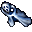 Pixelated blue and white creature with skull-like face, crossed arms, and one leg extended in two sequential poses.