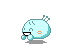 A 4-frame pixel art animation of a light blue cartoon character with antennae, showing different expressions and emitting colorful square particles against a gray background.