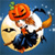 A pixelated icon shows a smiling orange pumpkin with a green stem atop a white-cloaked figure holding a broom, set against a blue background with a crescent moon.