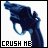 Two side-by-side animated frames of a pixelated blue handgun pointing upward with "CRUSH ME" text below, showing color variation between frames.