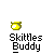 Animated contact sheet of Skittles Buddy icons showing sequential frame changes with rainbow effects and text bubbles.