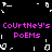 Pixelated text repeats 'CoUrtheY's PoEMs' in pink on black background with white pixel fragments scattered around.