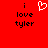 Red background with black text 'i love tyler' on both sides and a white pixelated heart symbol between them.