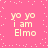 Pink background with white pixelated text reading "yo yo i am Elmo" repeated four times in a , scattered white pixel dots across the background