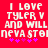 Red background with white pixelated text reading "I LOVE TYLER V AND WILL NEVA STOINEVA STOI" and six purple asterisks below, repeated side-by-side.