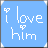 A 4x4 grid of identical blue square icons with white text and symbols, each displaying "i love him" in a pixelated font with small heart shapes above the 'o' in 'love' and between 'i' and 'love'.