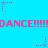 Pixelated blue background with repeated pink 'DANCE!!!' text and alternating star patterns in pink and gray.