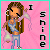 Pixel art character with long brown hair and hoop earrings, wearing a blue crop top and light blue pants, holding a pink fabric item against a pink background.
