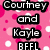 Pixelated text reads 'Courtney and Kayle BFFL' over a pink background with white and light pink circles.