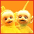 Two yellow cartoon characters with white helmets and antennae stand side-by-side against an orange background, one smiling and the other with a neutral expression.