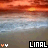 A pixelated sunset over water with a central text element and two small icons on either side.