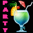 Pixelated cocktail glass with green liquid, pineapple slice, cherry, and straw; vertical text "PARTY" in pink, yellow, green, cyan, magenta on left.