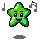 Green pixelated star-shaped character with black eyes and mouth, floating above gray shadow on light gray background with scattered musical notes.