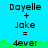 Pixelated text displays 'Dayelle + Jake = 4ever' on a bright blue background with green grass-like border, repeated across three and two