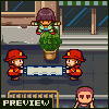Pixel art scene shows two firemen holding a stretcher with a person on it, while another figure stands atop a bush in the background.