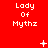 Red background with repeated white text 'Lady Of Mythz' in three , plus scattered small white symbols including crosses and dots