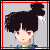 Pixelated anime-style character with dark hair in a high bun, red eyes, and green earrings; repeated text "MINE!" above blue "Kagura" on black background.
