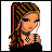 Pixel art of a woman with braided hair, blue eyes, and black clothing holding her chest near a necklace.