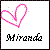 Pixelated pink heart outline with scattered gray dots above black pixel-art text reading 'Miranda' on white background.
