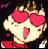 Pixelated cartoon character with pink heart-shaped sunglasses, open mouth, and red clothing against dark background.