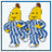 Two yellow banana-headed figures in blue striped pajamas stand side-by-side with arms crossed, each wearing white shoes and brown hair tufts.