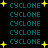 A static digital image displays the word "CYCLONE" repeated in teal pixelated text across a black background, with yellow starburst shapes scattered throughout.