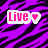 Purple and black tiger stripe background with three text labels: 'Live' in pink, 'Laugh' in blue, and 'Love' in cyan, each followed by a matching heart symbol.