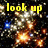 Yellow text on a starry background with bright orange and blue light bursts, displaying phrases about looking up.