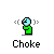 Pixelated green figure with blue head in choking pose, surrounded by sound waves, with multiple variations showing hand gestures, pointing fingers, and particle effects.