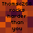 Pixelated text displays 'Thomsc268 rocks harder than you' in black on an orange and purple checkered background.