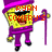Yellow sponge character in purple outfit holding cane, with red text overlays changing across frames.