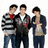 Three pixelated figures stand side-by-side against a white background, each wearing distinct clothing with visible red accents.