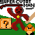 Pixel art icon featuring a red figure with yellow chest emblem, holding scythe and sword, next to question block and orange mushroom on green background.