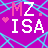 Pixelated icon with repeating 'MZ. ISA' text over purple background and blue web pattern, featuring pink heart symbols.
