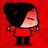 Pixelated character with black hair and red clothing against a red background, next to black with white text