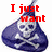 A pixelated blue teardrop-shaped icon with a white skull and crossbones, overlaid with red text reading "I just want a Kiss" and "Yah right!" in different frames.
