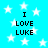 A static image with a bright cyan background filled with white pixelated stars, displaying the text "I LOVE LUKE" in black block letters arranged vertically.