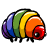 A 50x50 pixel animated buddy icon featuring a rainbow-striped caterpillar-like creature with red head and black legs, displayed in three sequential frames showing slight movement.