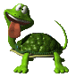 Green cartoon turtle with textured shell, orange tongue extended, sitting on a light brown platform against gray background.