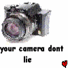 Six-frame contact sheet of a digital camera icon with text and colored hearts, arranged in two rows of three frames each.