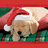 A pixelated dog wearing a Santa hat lies on green plaid fabric, with red and gray background sections containing partial text.