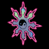 A star-shaped icon with pink outline and blue-green gradient center containing a yin-yang symbol, shown in multiple states including full star, partial star, and vertical line.