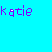A static image shows a cyan background with purple text 'katie', a black heart on dark pixels, and a silver star on dark pixels.