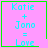 Four identical pink square with green borders display blue text reading "Katie + Jono = Love"; two include small symbols in the bottom-right corner