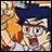 A 48x48 pixel buddy icon featuring a split composition with an anime-style character on the left and text elements on the right against a black background.