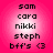 Four identical pink circular icons with white gradient centers display black pixelated text listing names and "bff's <3" on a solid pink background.