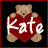 Pixelated static icon of a light brown teddy bear holding a large red heart with white text "Kate" against a black background bordered by dark red.