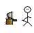 Pixel art contact sheet showing 11 frames of a stick figure animation where the character repeatedly moves toward and interacts with an axe embedded in a wooden block, ending with a speech bubble containing explicit text.