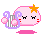 Four pixel-art characters with closed eyes, orange stars on heads, and purple lyre-like instruments; each has a distinct base color (pink, white, light blue, green) and matching colored shadow.