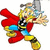 Animated pixel art of a blonde character in red cape, blue shirt, yellow pants, and gray helmet holding a hammer, with visible motion in limbs and cape.